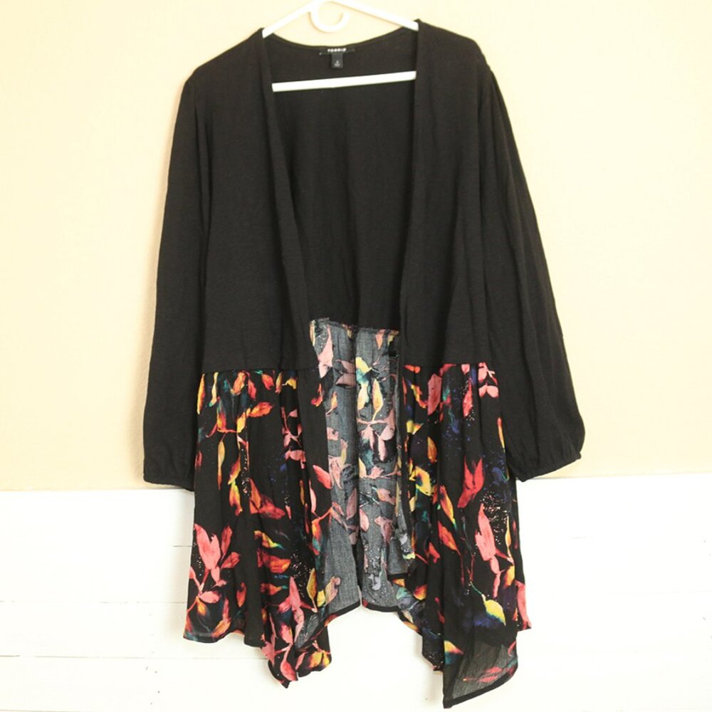 Torrid 3X Cardigan Black Open Front Hanky Hem Watercolor Leaves Knit Sweater